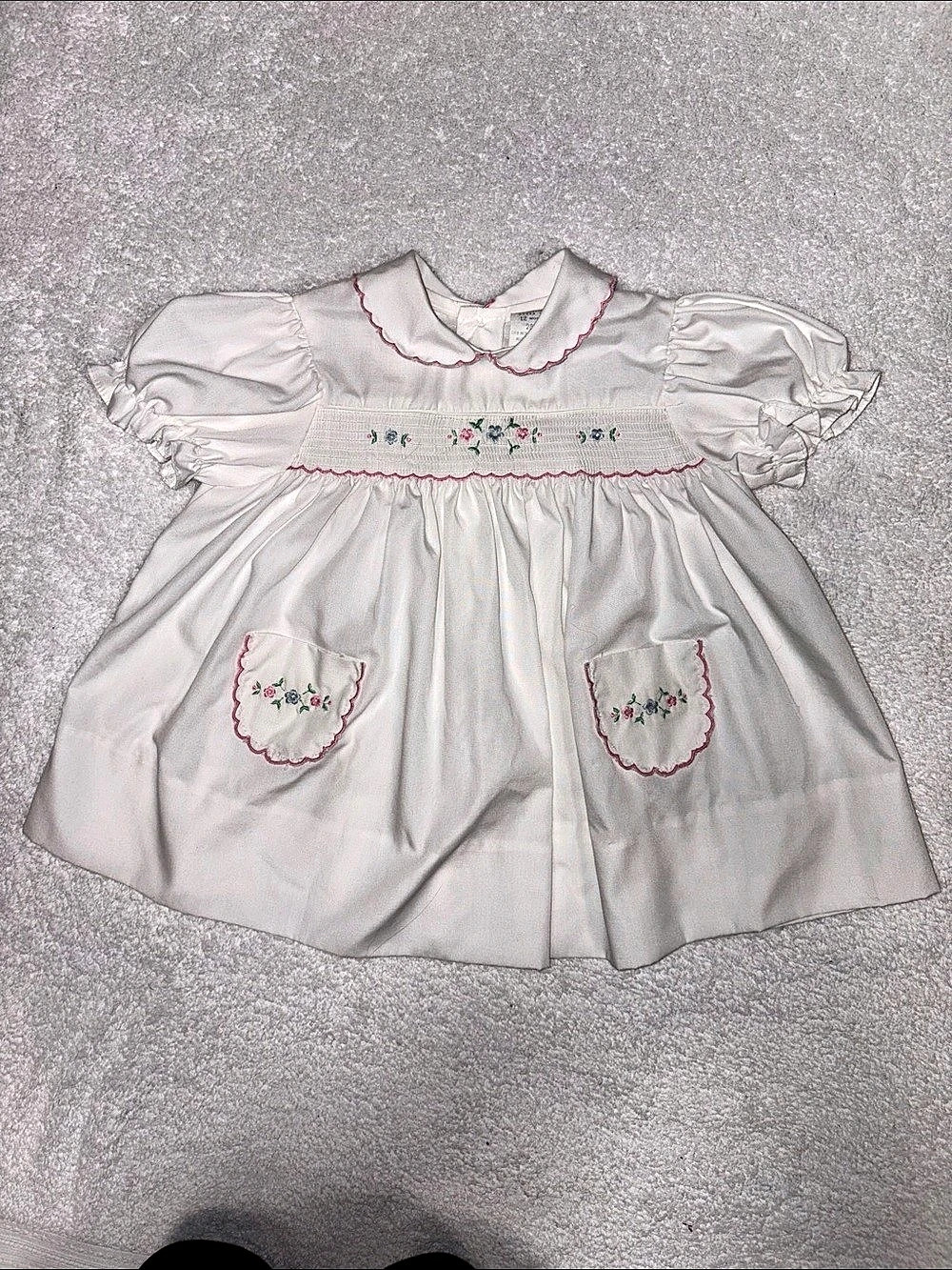 Baby togs vintage white smocked embroidered Floral Dress 12 Months